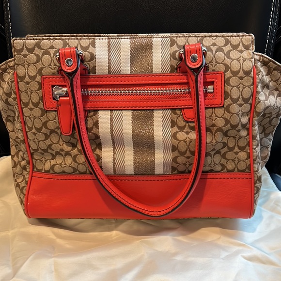 Vintage. Authentic. Leather and Canvas Orange Coach Satchel with Silver Details. - Picture 2 of 10